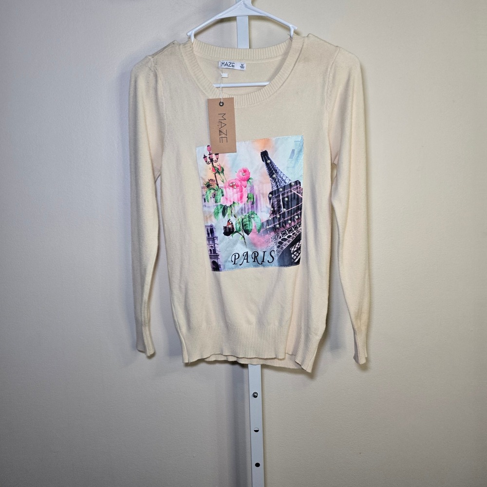 Maze Paris Eiffel Tower Rose Graphic Knit Sweater Cream Womens Size Medium NWT